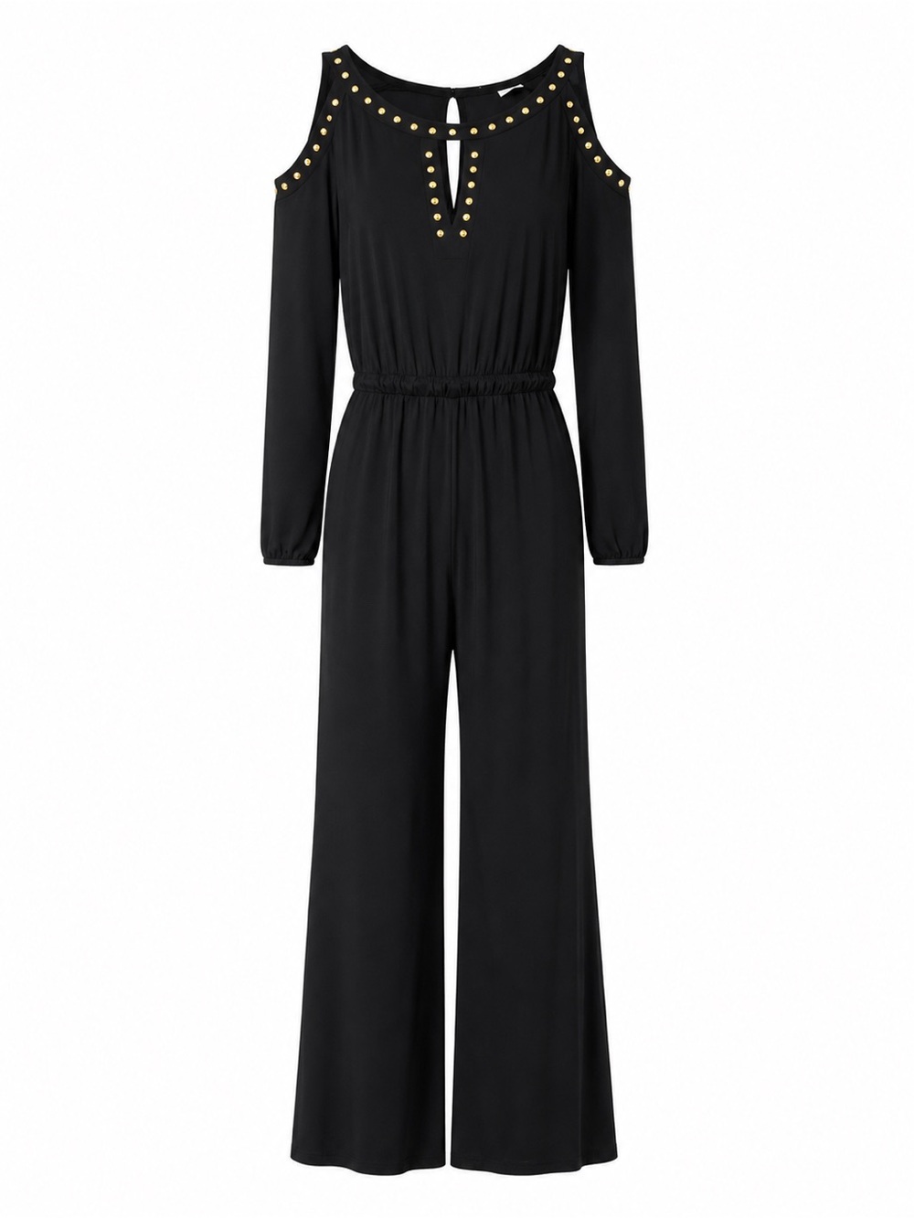 Emma & Michele Black Cold-Shoulder Jumpsuit with Gold Studs